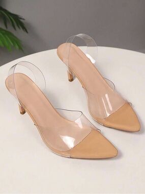 Clear Strap Pointed Toe Heels in Nude